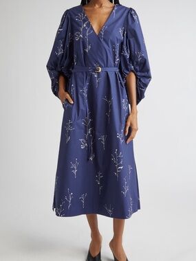 Altuzarra Corrie Botanical print dress cotton Women's Navy Floral V-Neck Midi